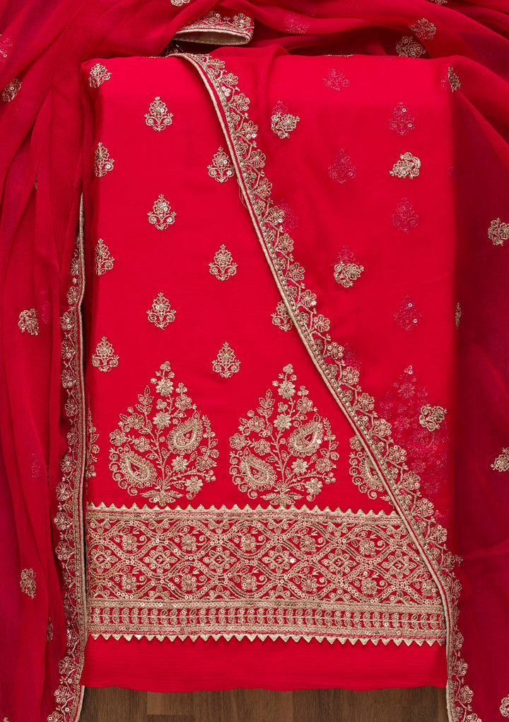 Rani Pink Zariwork Chiffon Unstitched Salwar Kameez-Koskii