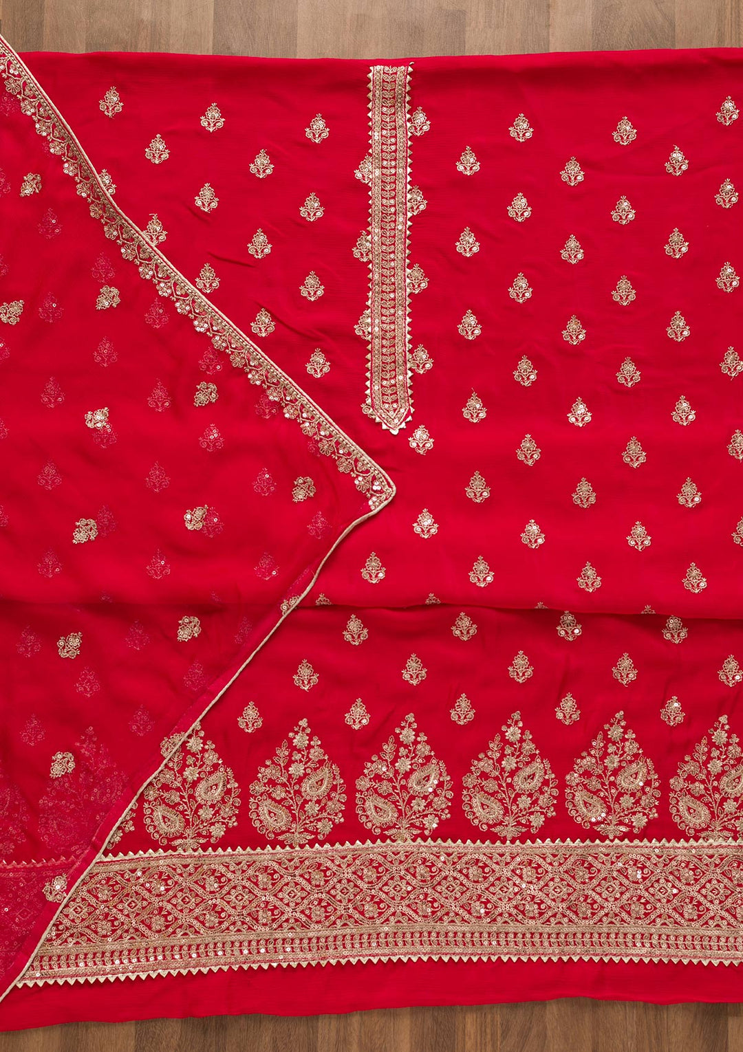 Rani Pink Zariwork Chiffon Unstitched Salwar Kameez-Koskii