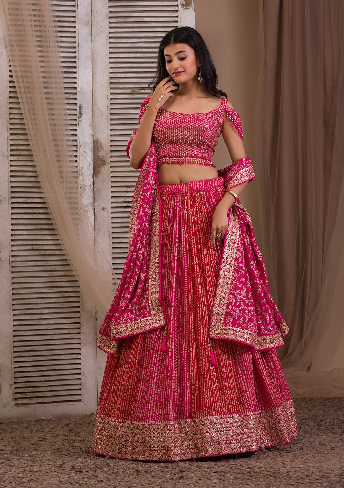 Rani Pink Zariwork Georgette Readymade Lehenga-Koskii