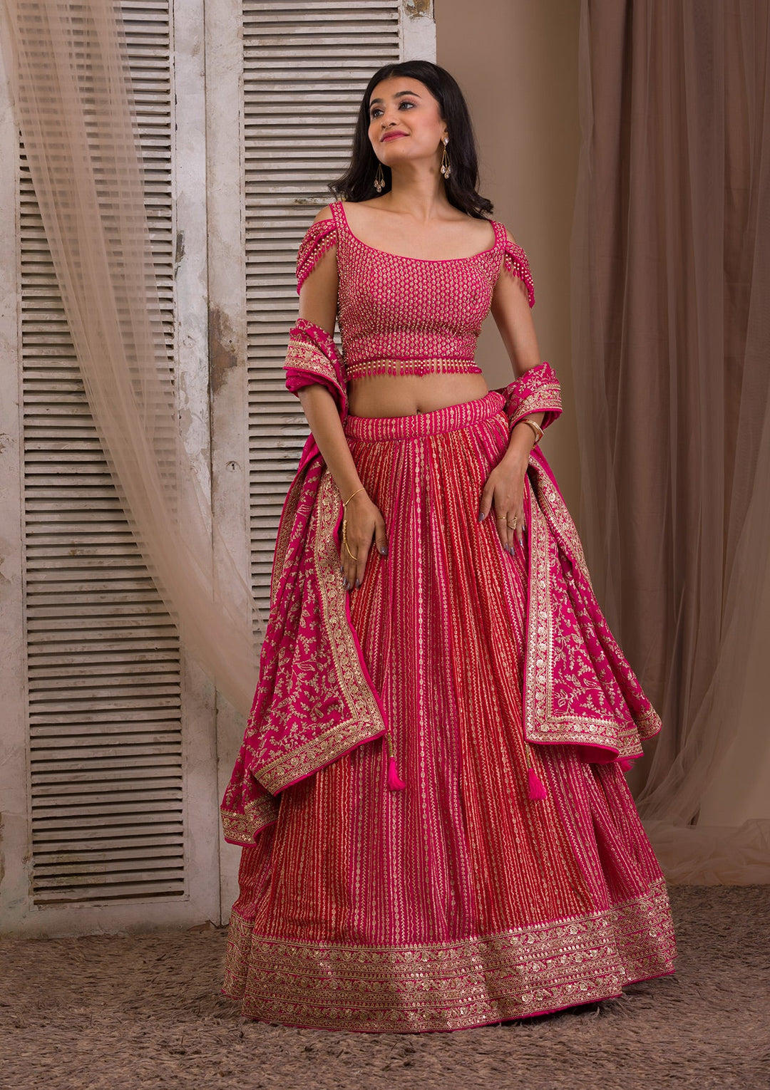 Rani Pink Zariwork Georgette Readymade Lehenga-Koskii