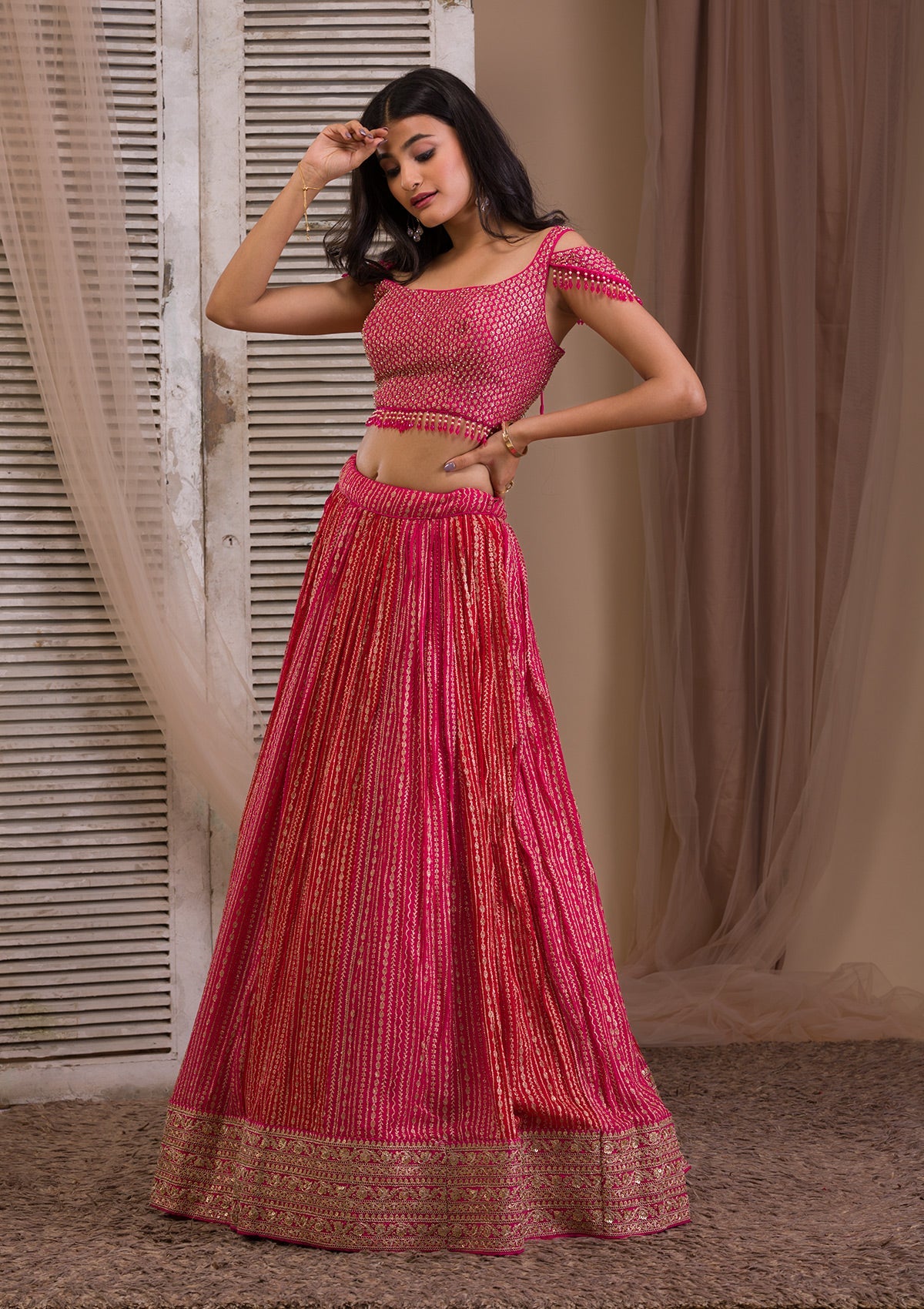 Rani Pink Zariwork Georgette Readymade Lehenga-Koskii