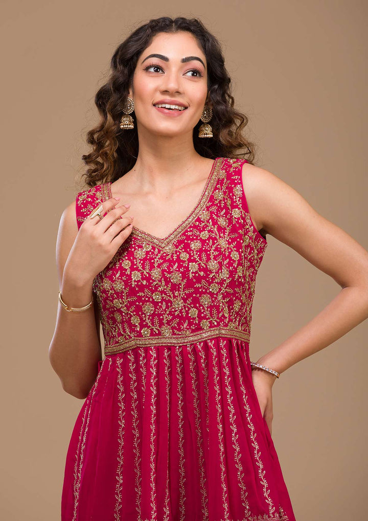 Rani Pink Zariwork Georgette Readymade Salwar Kameez-Koskii