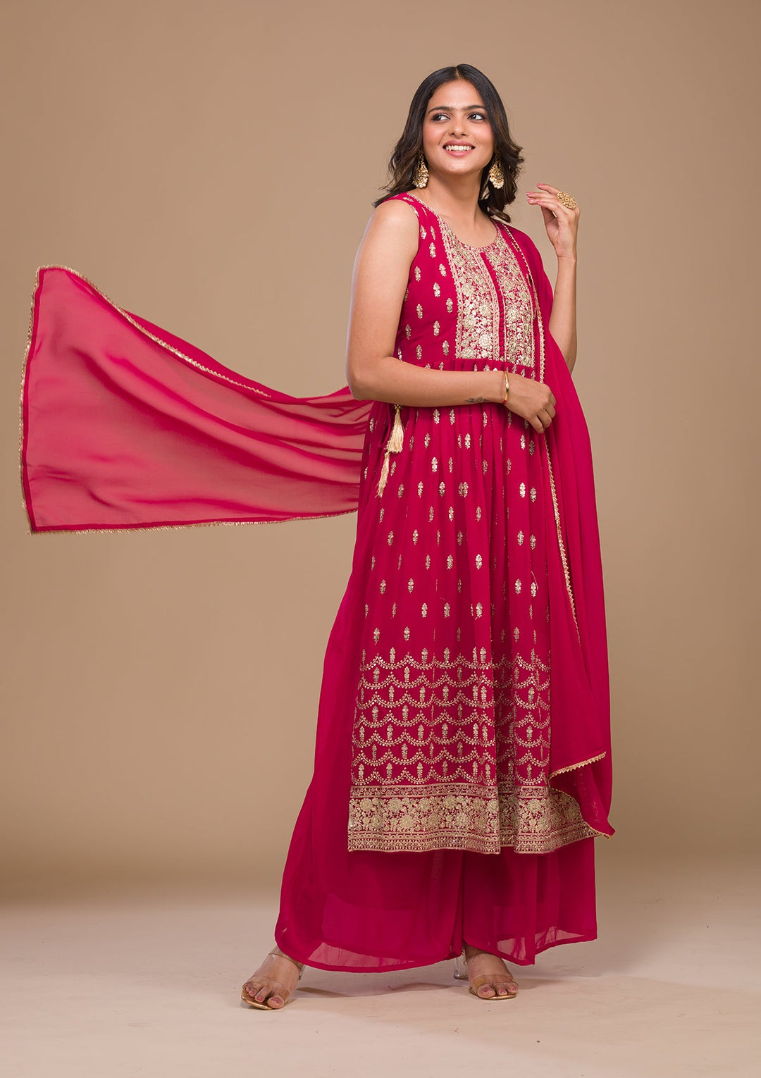 Rani Pink Zariwork Georgette Readymade Salwar Kameez-Koskii