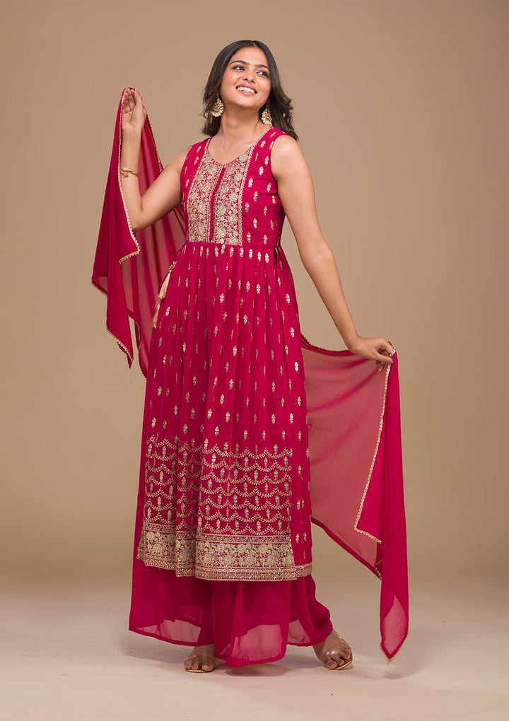 Rani Pink Zariwork Georgette Readymade Salwar Kameez-Koskii