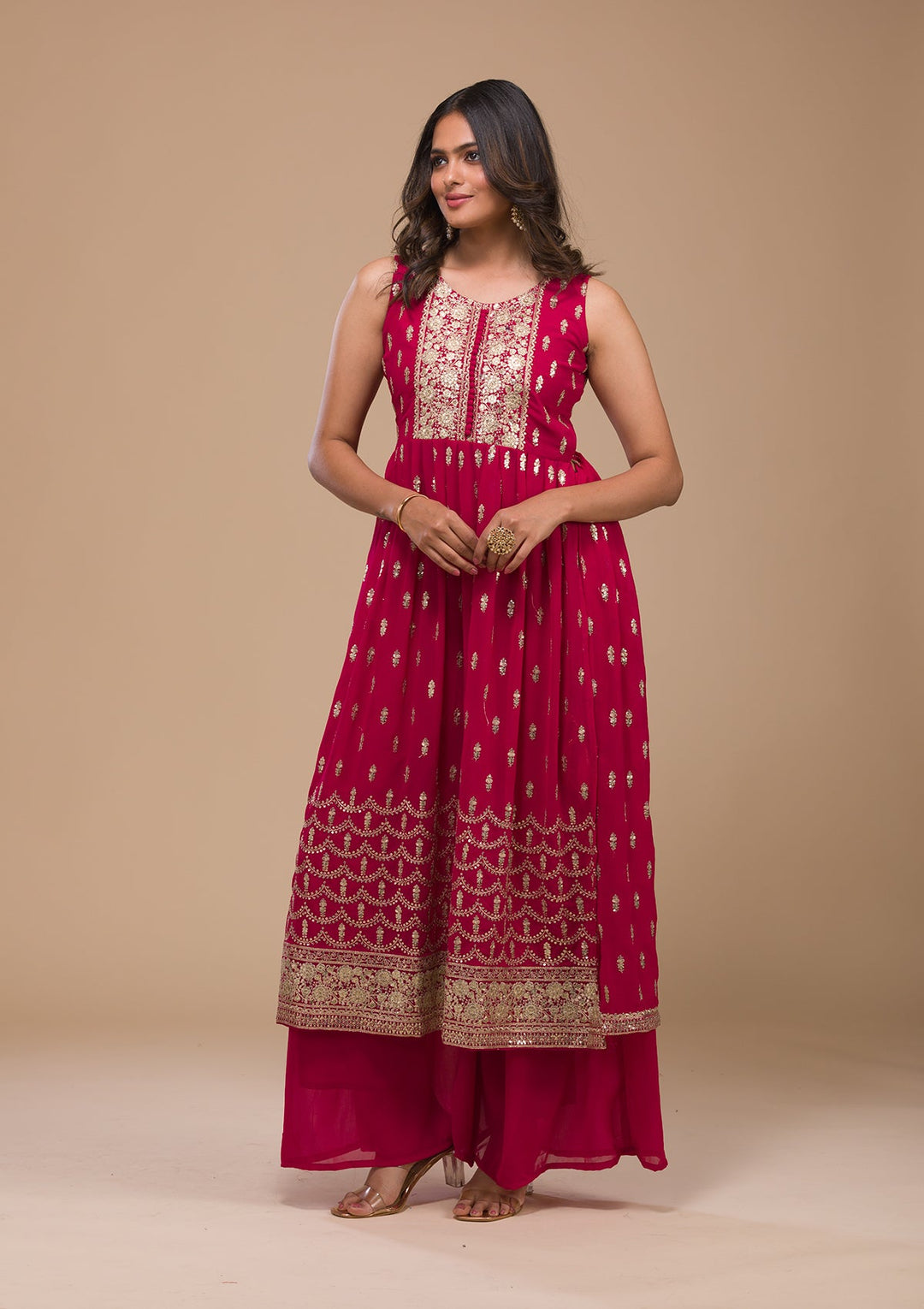 Rani Pink Zariwork Georgette Readymade Salwar Kameez-Koskii