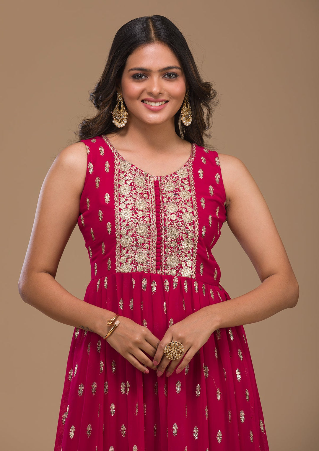 Rani Pink Zariwork Georgette Readymade Salwar Kameez-Koskii