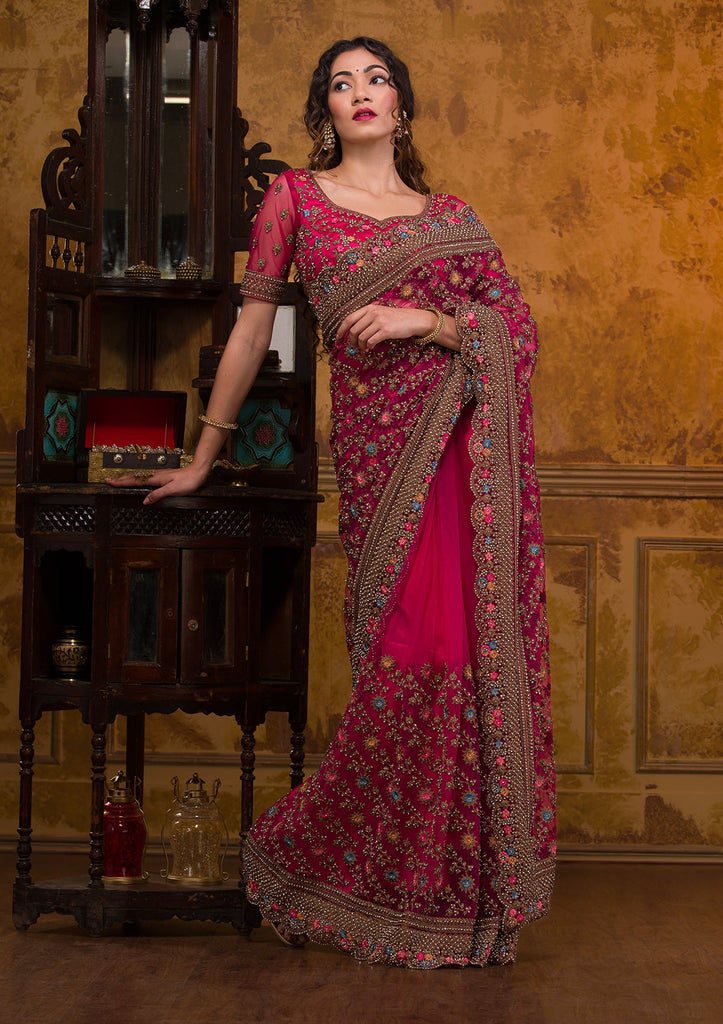 Rani Pink Georgette Embroidered Wedding Festival Heavy Border Saree