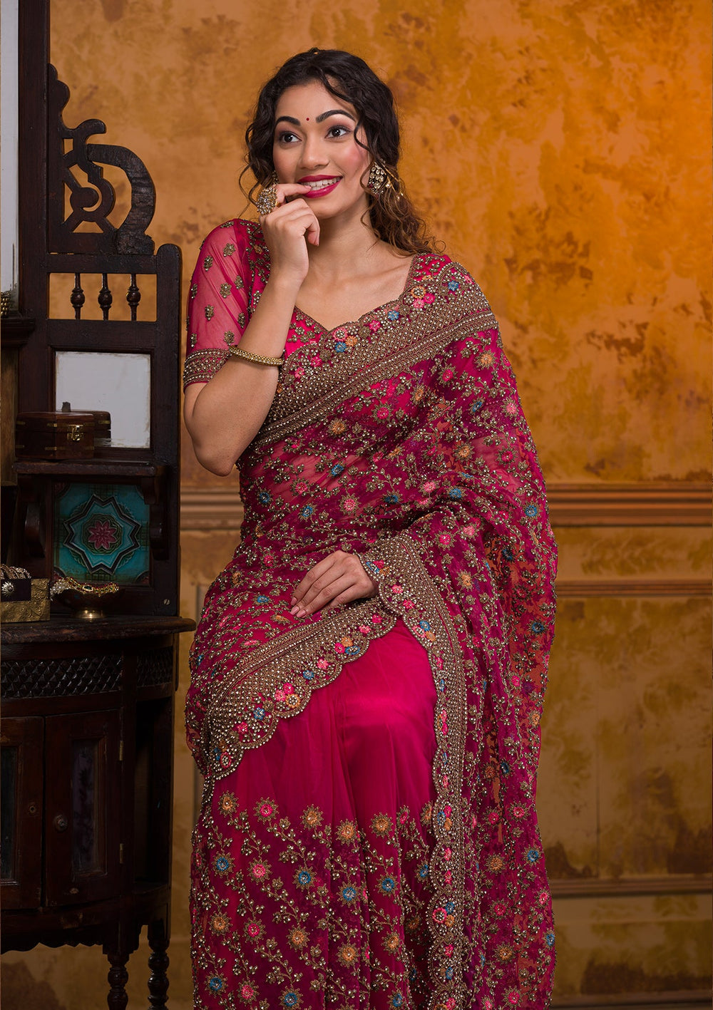 Rani Pink Zariwork Net Saree-Koskii