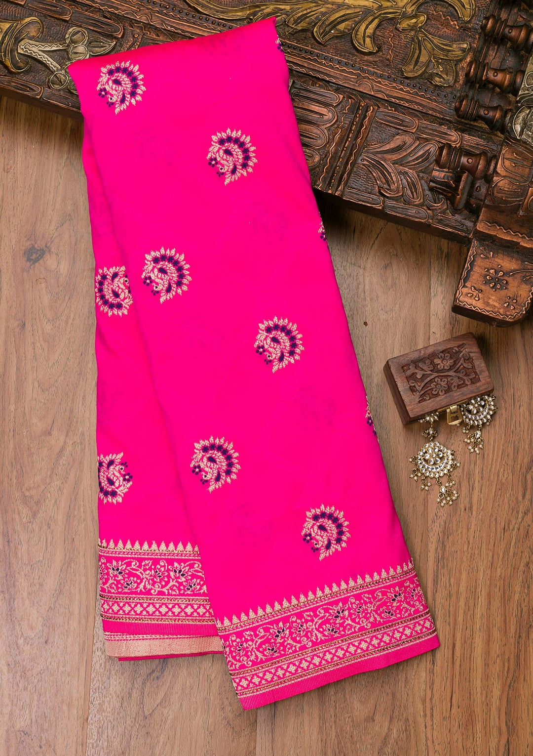 Rani Pink Zariwork Raw Silk Saree-Koskii