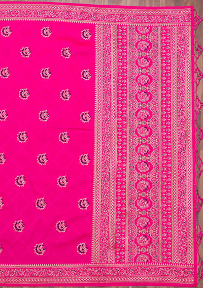 Rani Pink Zariwork Raw Silk Saree-Koskii