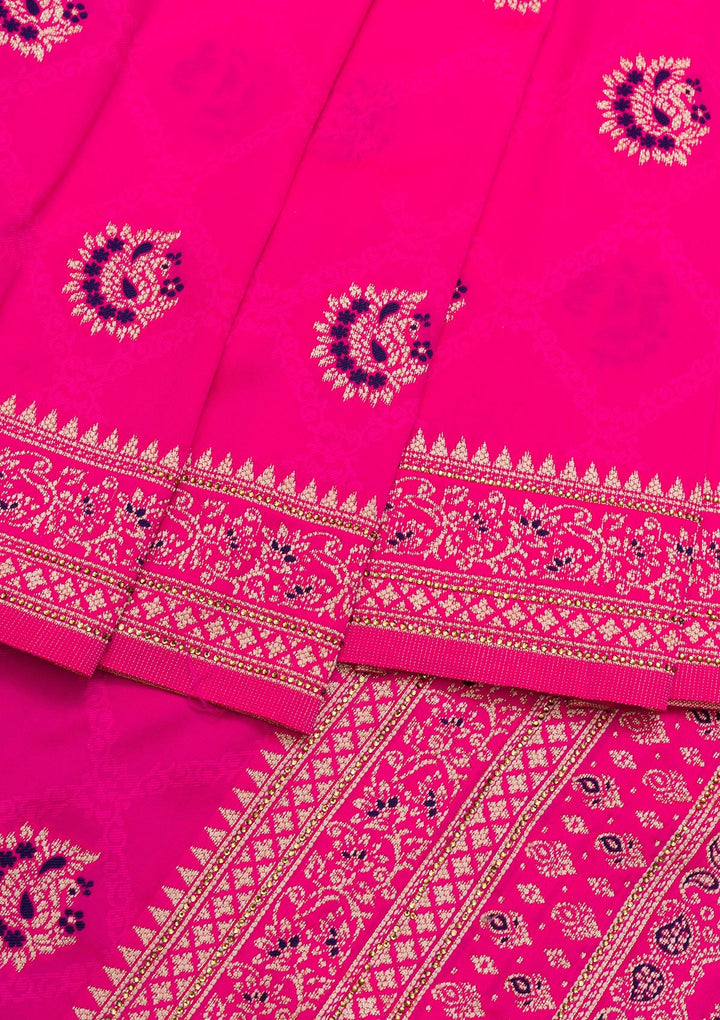 Rani Pink Zariwork Raw Silk Saree-Koskii