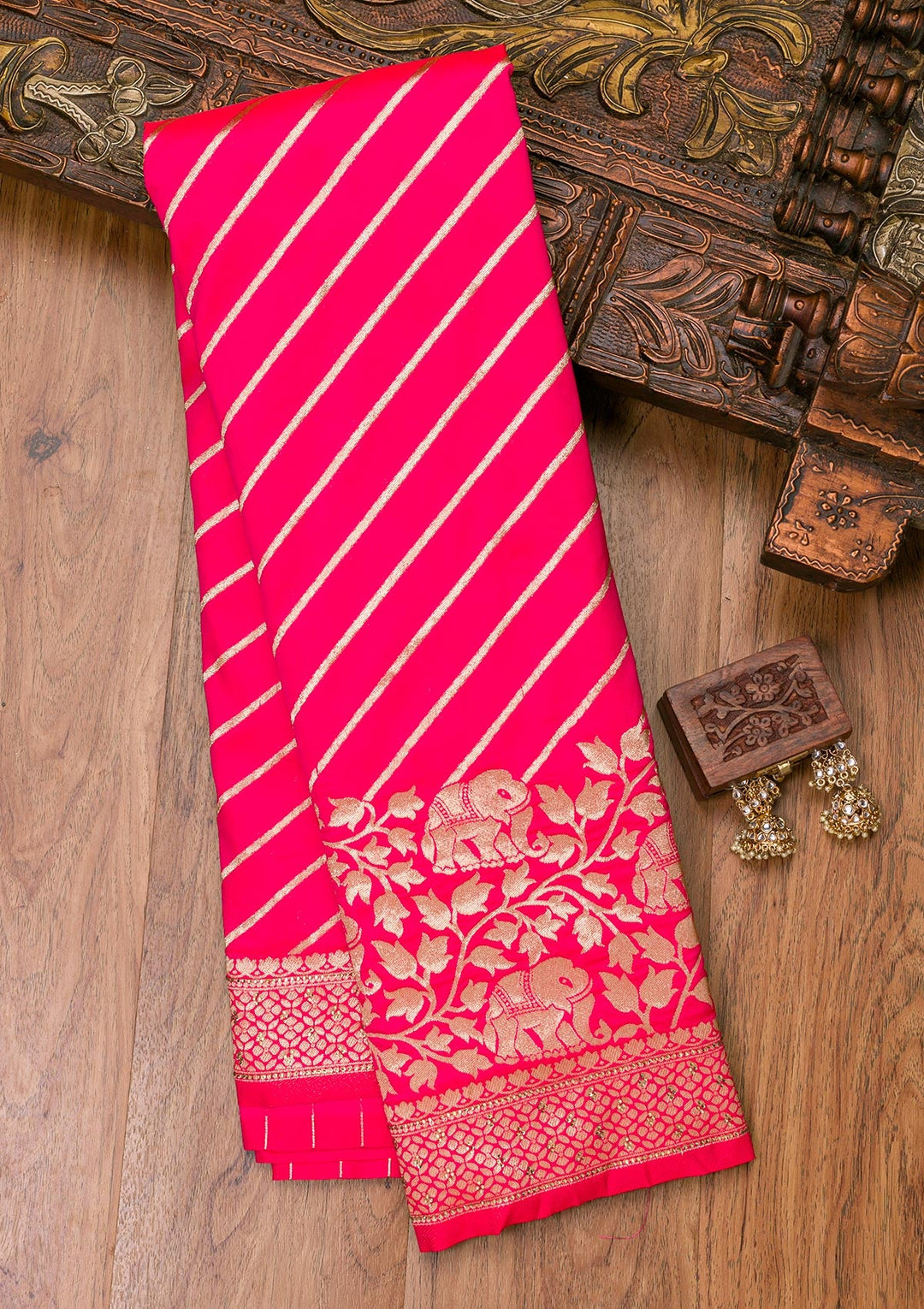 Rani Pink Zariwork Raw Silk Saree-Koskii