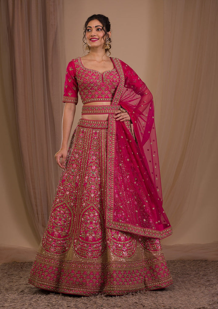 Rani Pink Zariwork Raw Silk Readymade Lehenga-Koskii