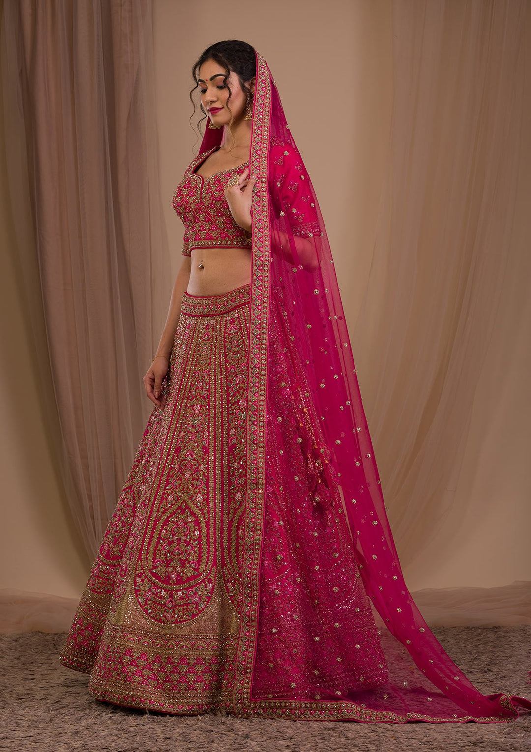 Rani Pink Zariwork Raw Silk Readymade Lehenga-Koskii