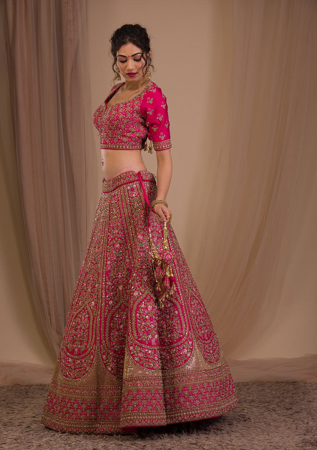 Rani Pink Zariwork Raw Silk Readymade Lehenga-Koskii