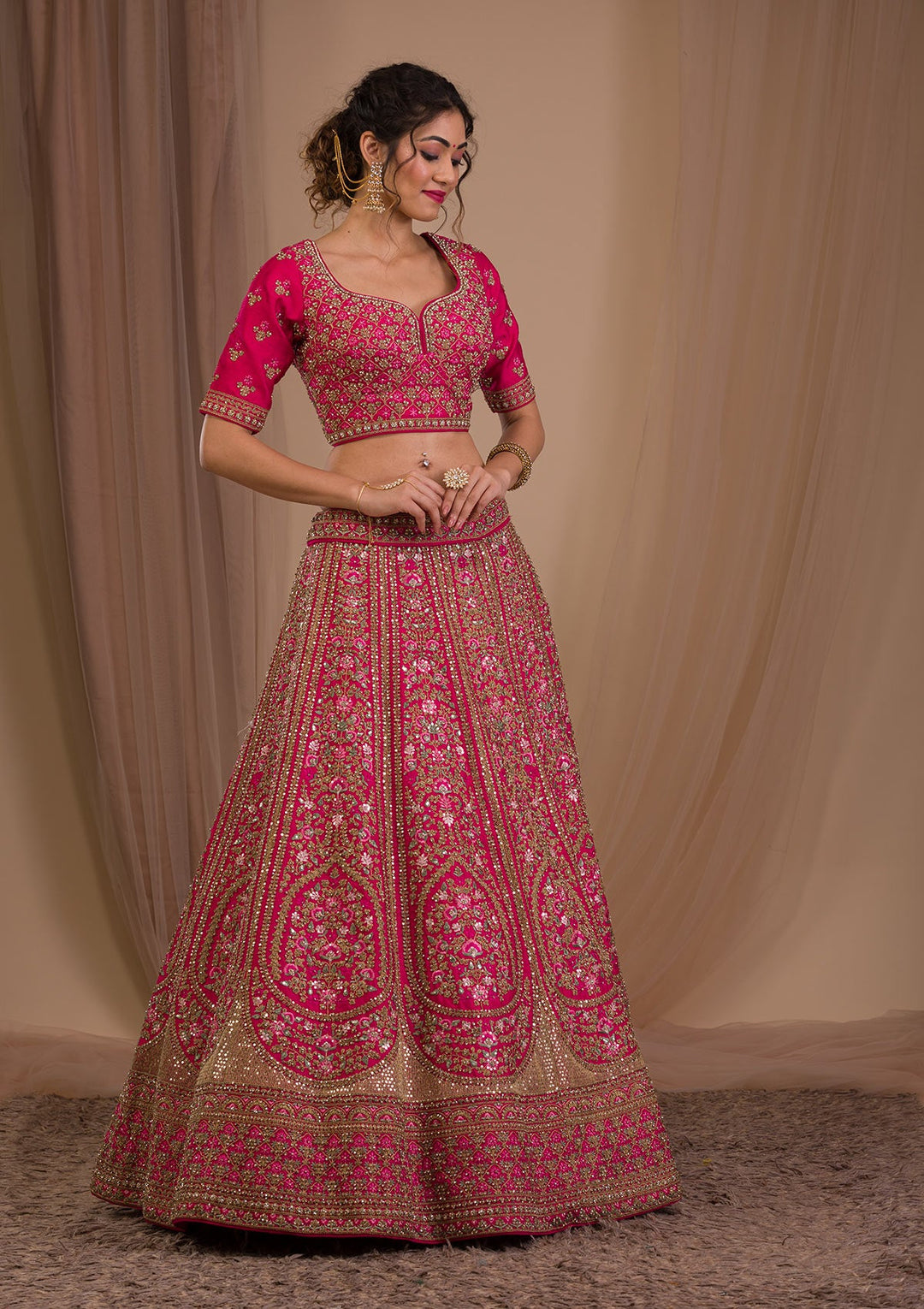 Rani Pink Zariwork Raw Silk Readymade Lehenga-Koskii