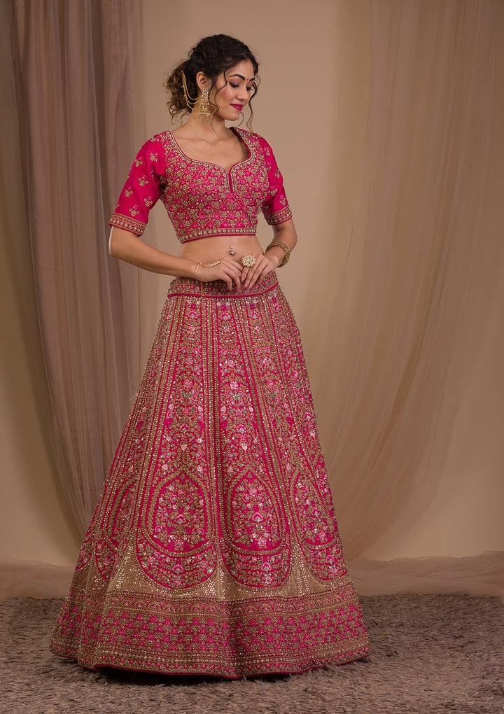 Rani Pink Zariwork Raw Silk Readymade Lehenga-Koskii