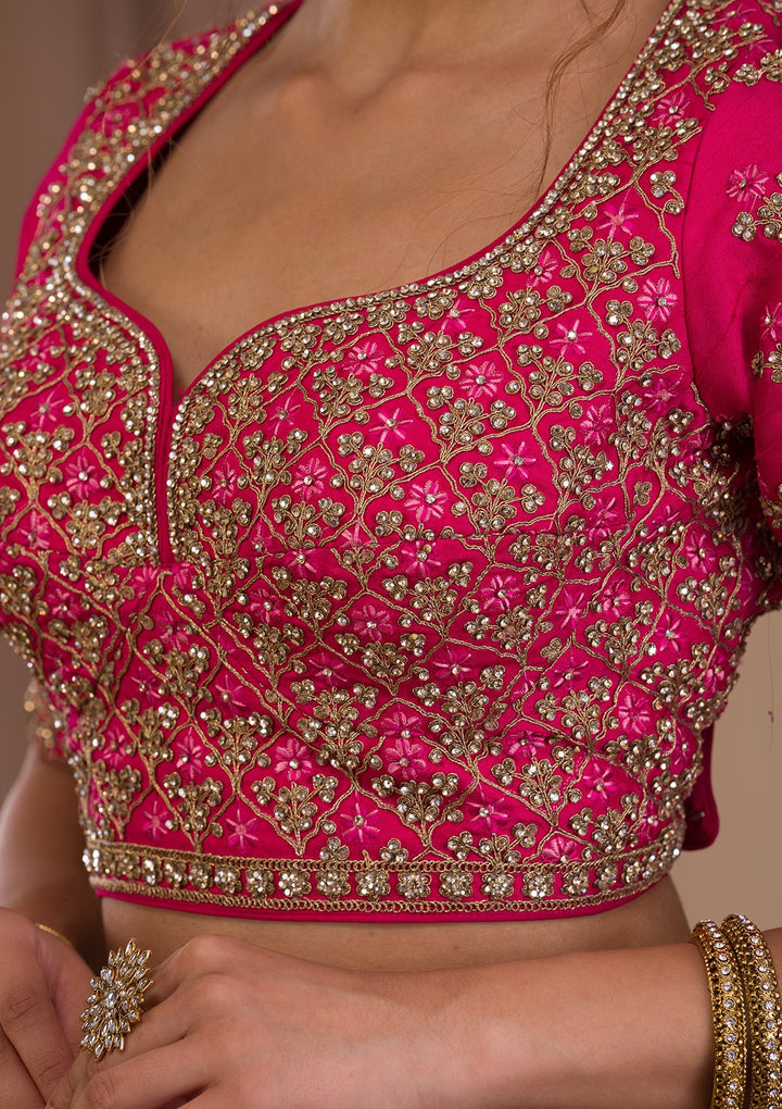 Rani Pink Zariwork Raw Silk Readymade Lehenga-Koskii