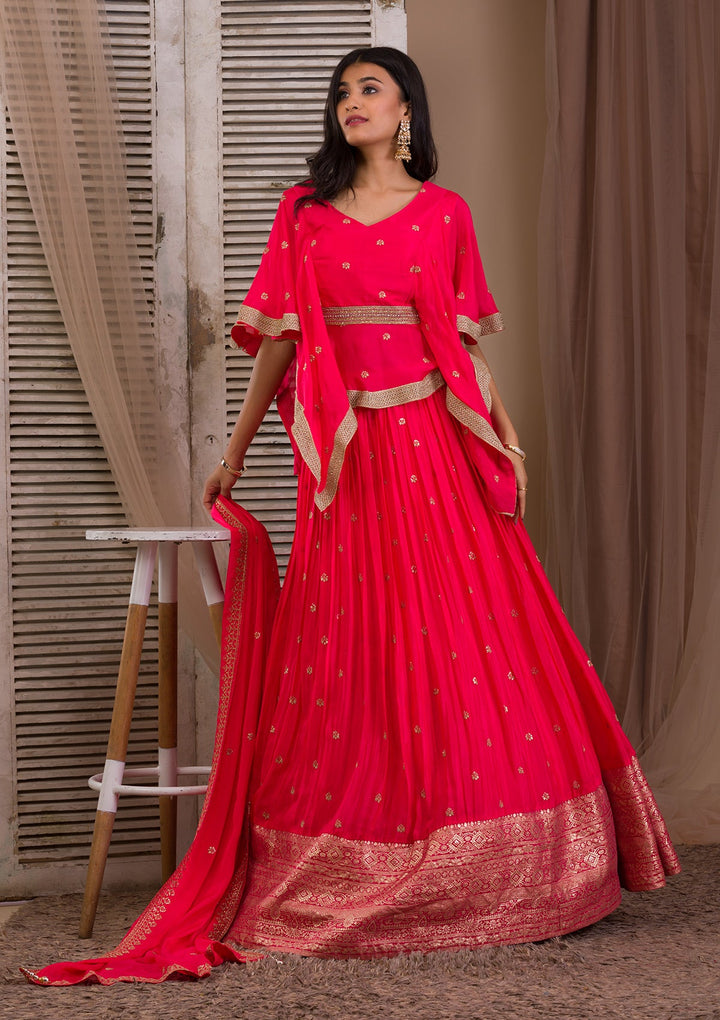 Rani Pink Zariwork Semi Crepe Readymade Lehenga-Koskii