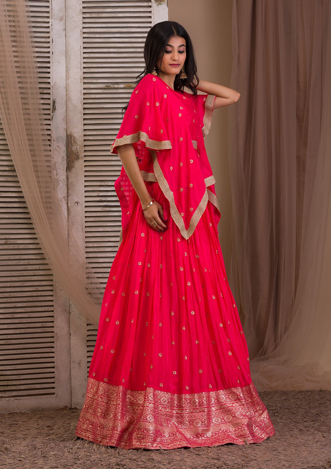 Rani Pink Zariwork Semi Crepe Readymade Lehenga-Koskii