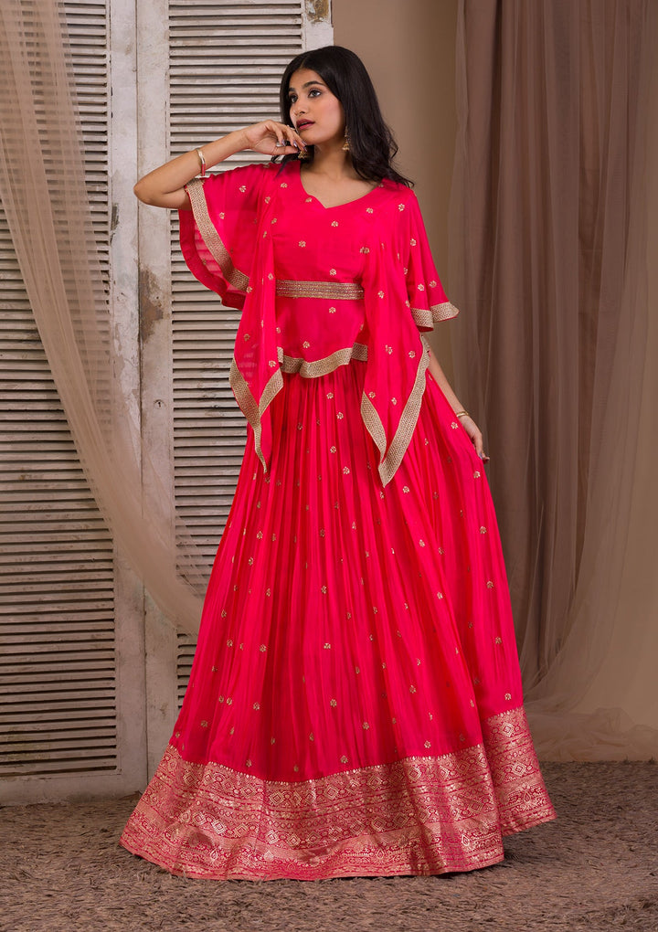Rani Pink Zariwork Semi Crepe Readymade Lehenga-Koskii