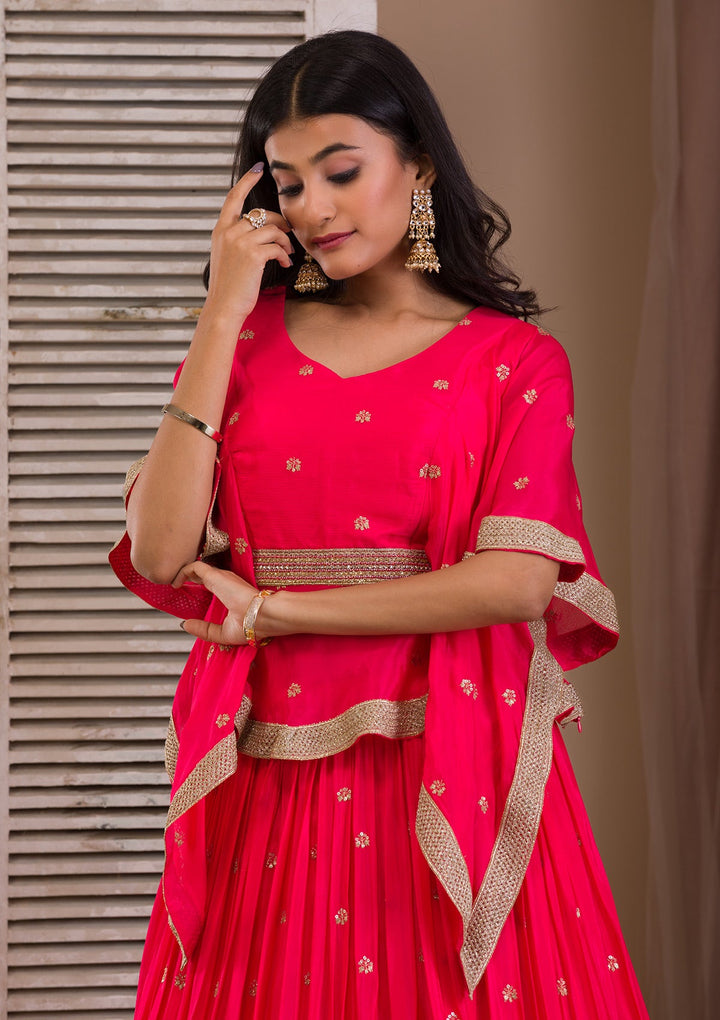 Rani Pink Zariwork Semi Crepe Readymade Lehenga-Koskii