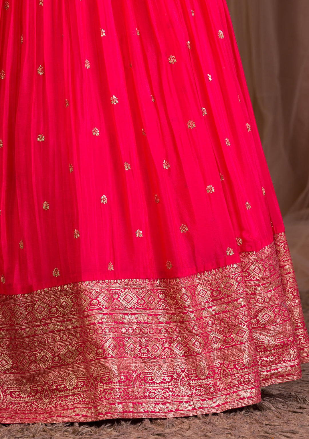 Rani Pink Zariwork Semi Crepe Readymade Lehenga-Koskii
