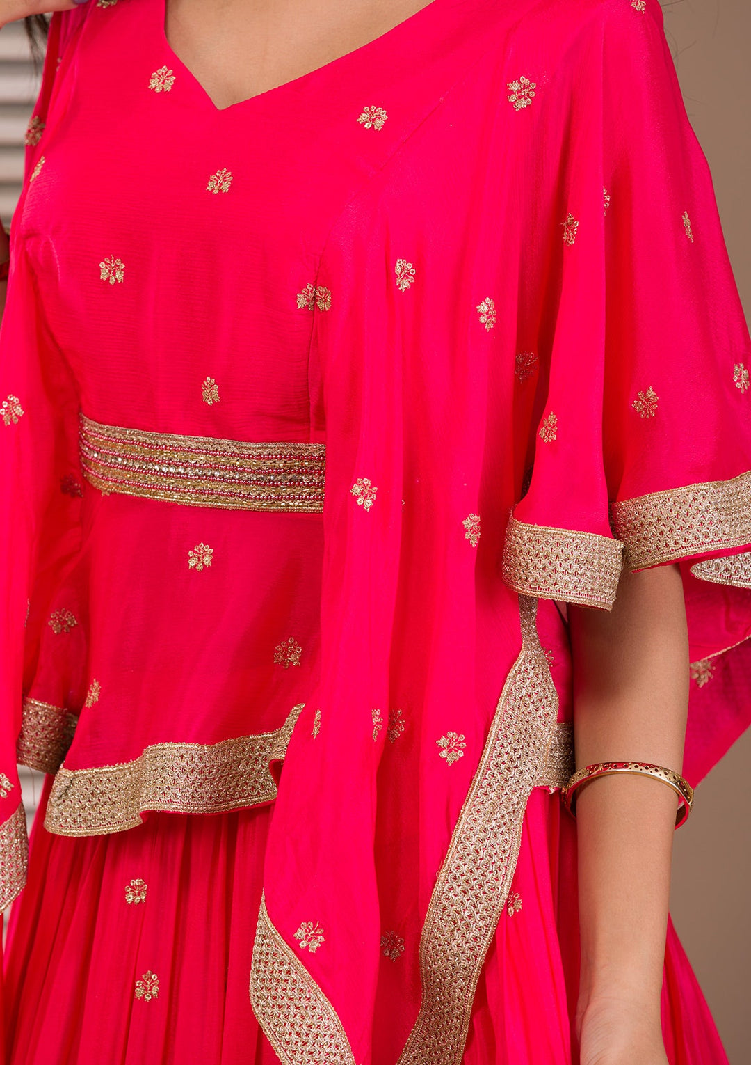 Rani Pink Zariwork Semi Crepe Readymade Lehenga-Koskii