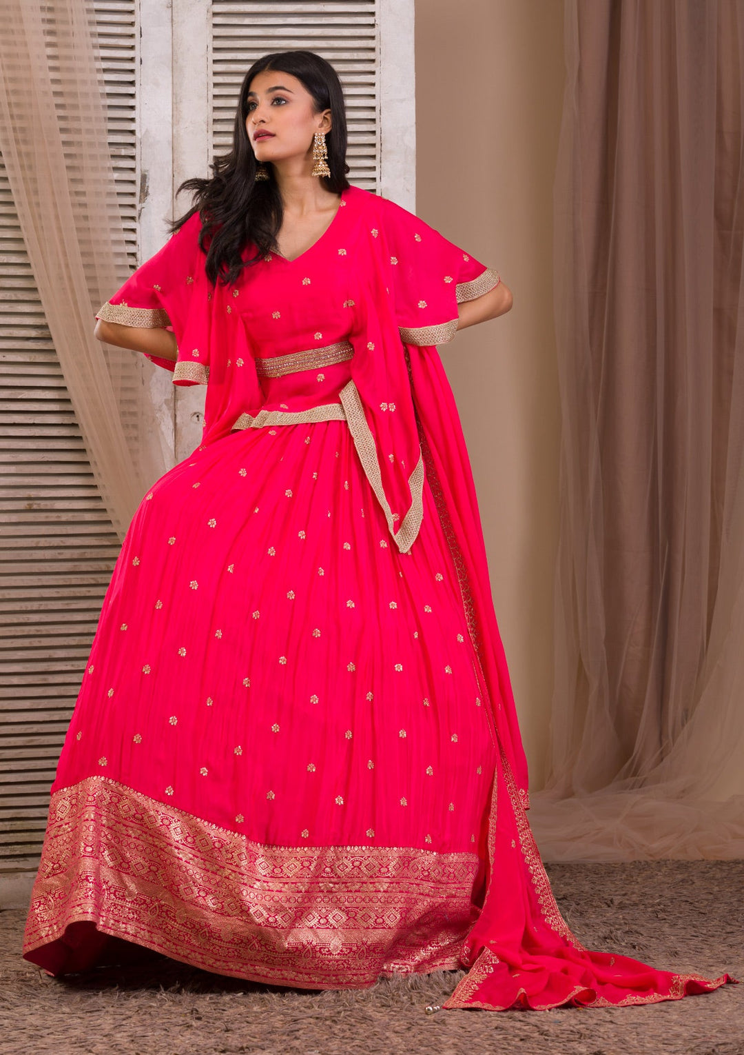 Rani Pink Zariwork Semi Crepe Readymade Lehenga-Koskii