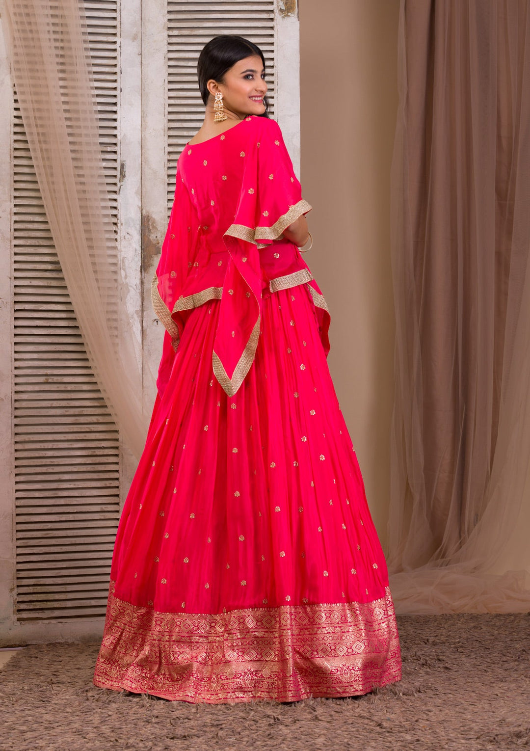 Rani Pink Zariwork Semi Crepe Readymade Lehenga-Koskii