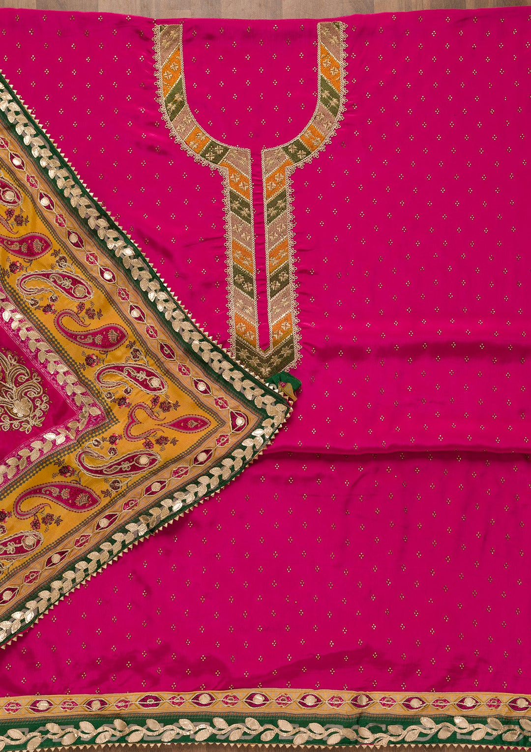 Rani Pink Zariwork Semi Crepe Unstitched Salwar Kameez-Koskii