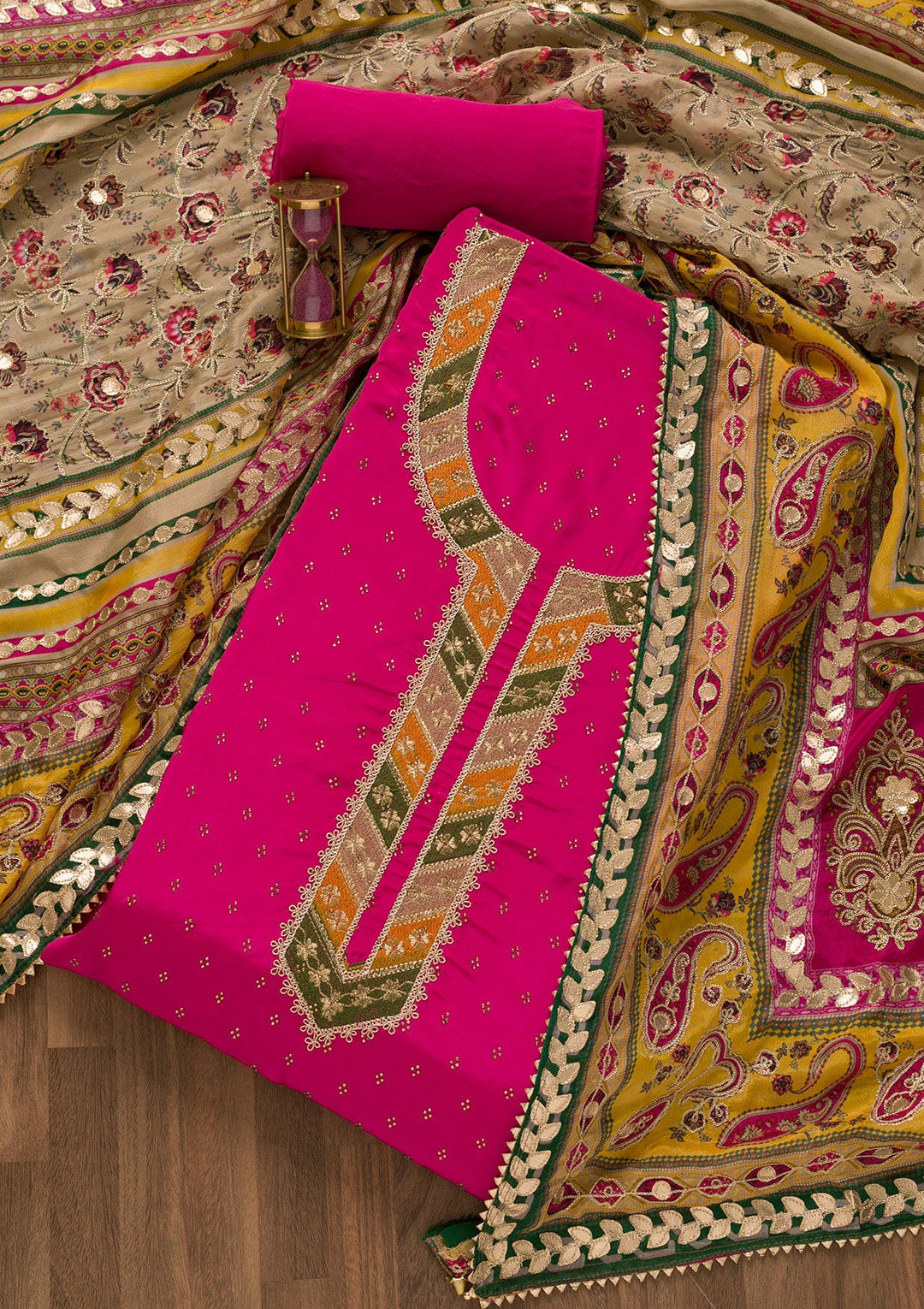 Rani Pink Zariwork Semi Crepe Unstitched Salwar Kameez-Koskii