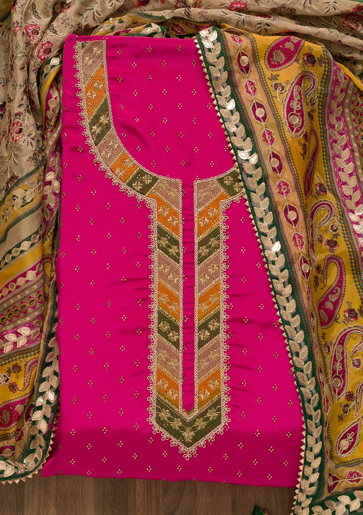 Rani Pink Zariwork Semi Crepe Unstitched Salwar Kameez-Koskii