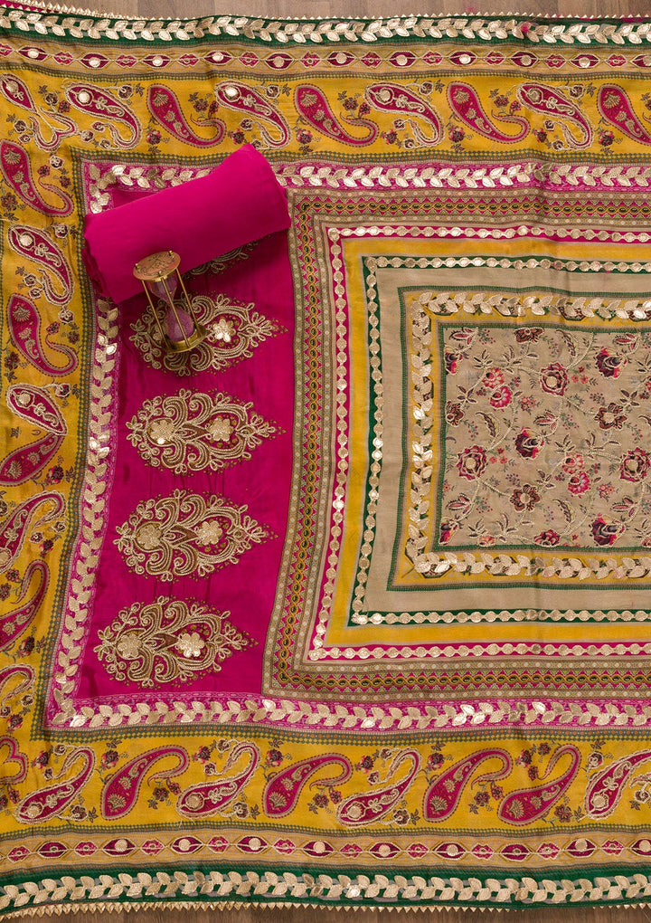 Rani Pink Zariwork Semi Crepe Unstitched Salwar Kameez-Koskii