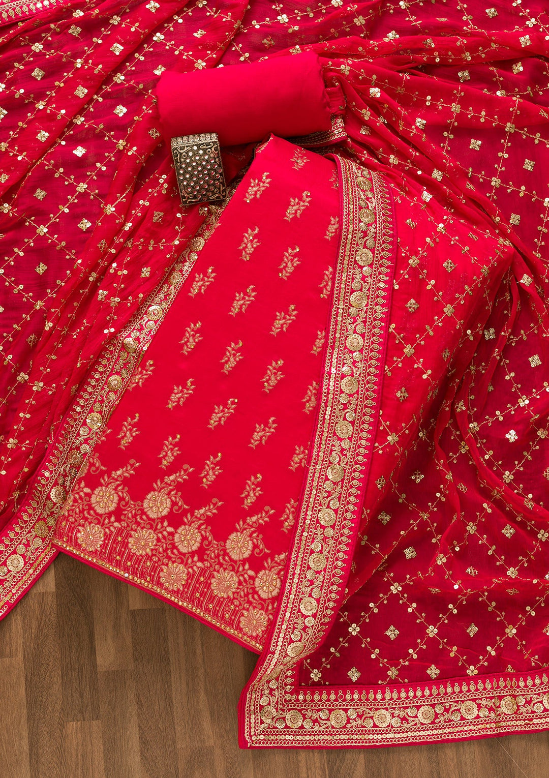 Rani Pink Zariwork Soft Silk Unstitched Salwar Kameez-Koskii