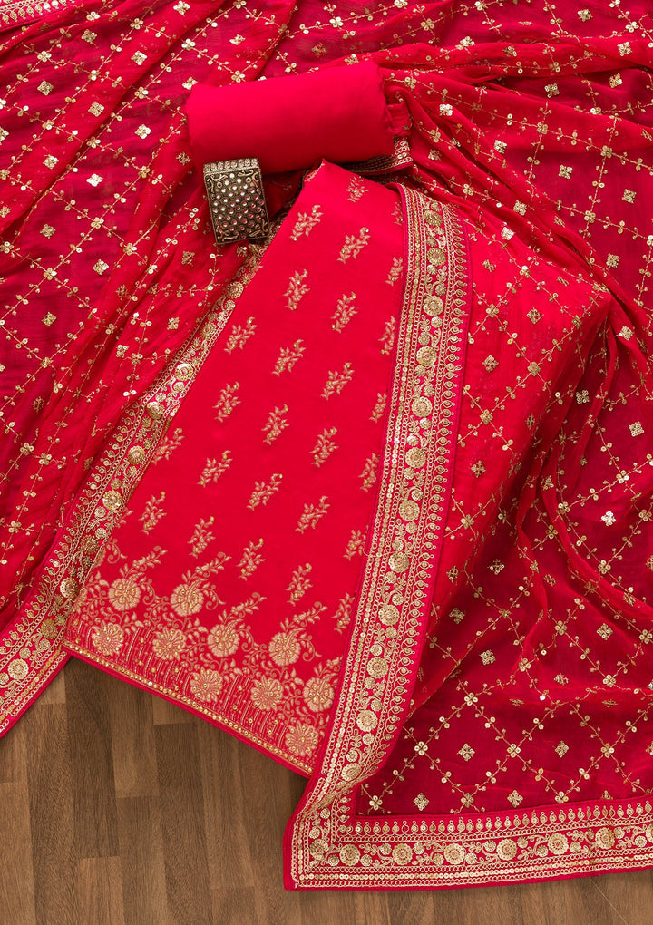 Rani Pink Zariwork Soft Silk Unstitched Salwar Kameez-Koskii
