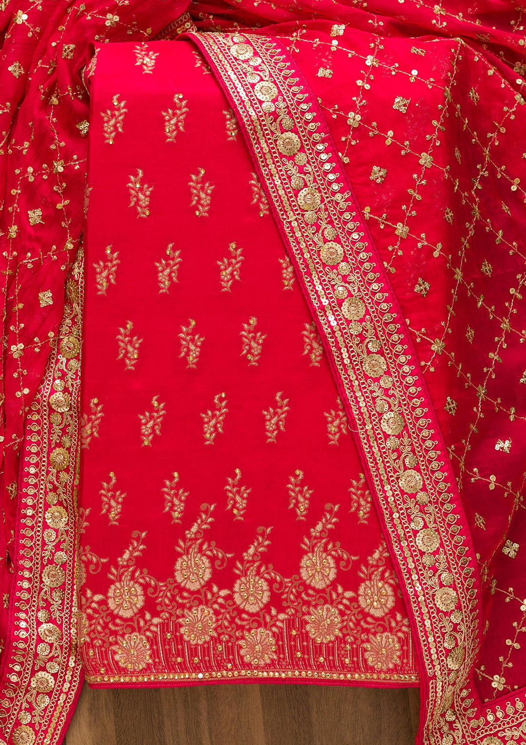 Rani Pink Zariwork Soft Silk Unstitched Salwar Kameez-Koskii