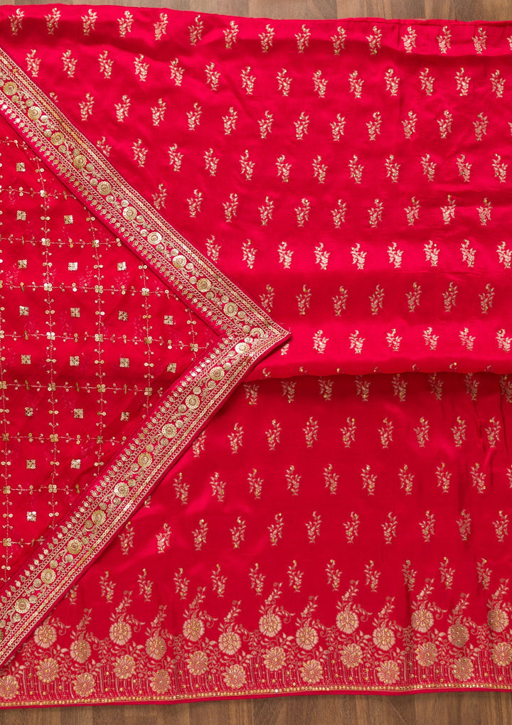Rani Pink Zariwork Soft Silk Unstitched Salwar Kameez-Koskii