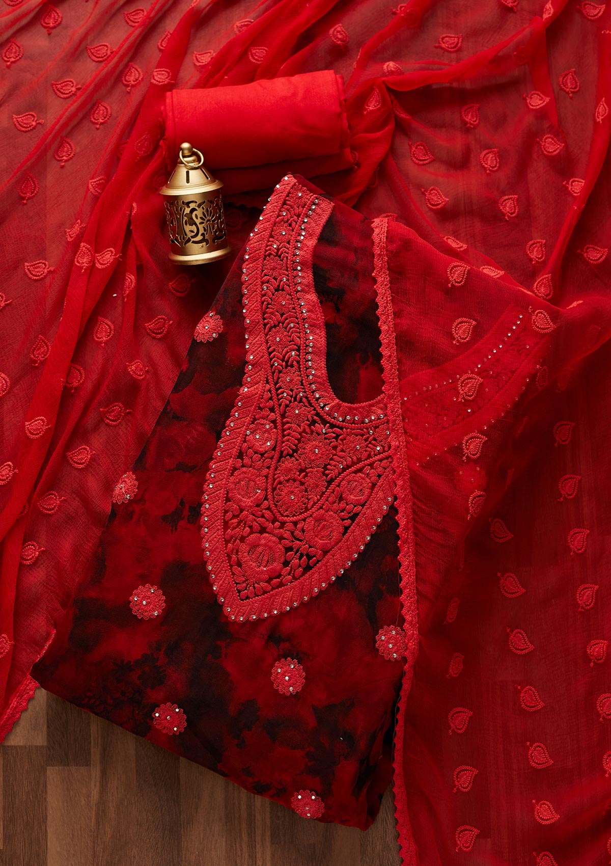 Red Chikankari Chiffon Designer Unstitched Salwar Suit - Koskii