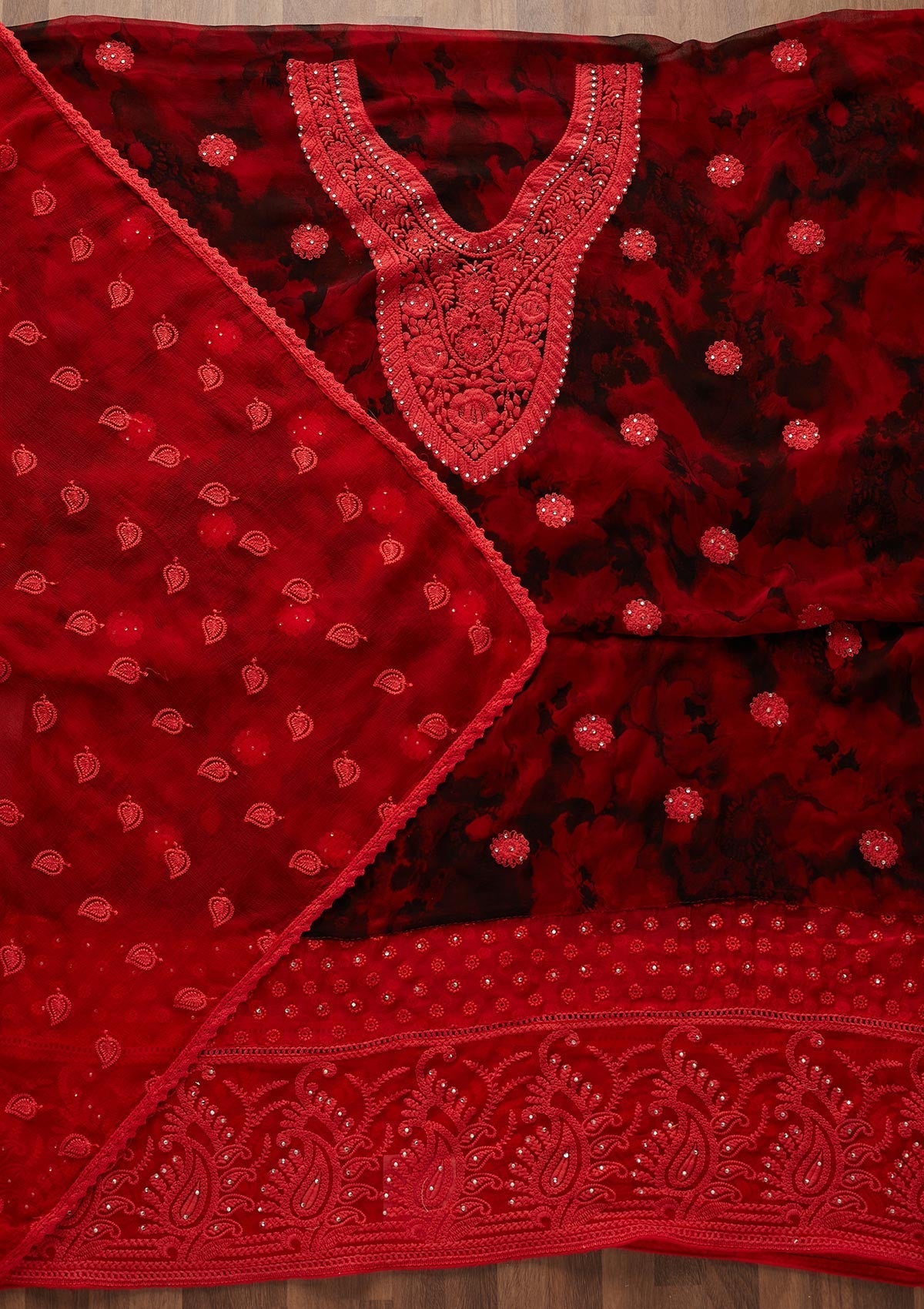 Red Chikankari Chiffon Designer Unstitched Salwar Suit - Koskii