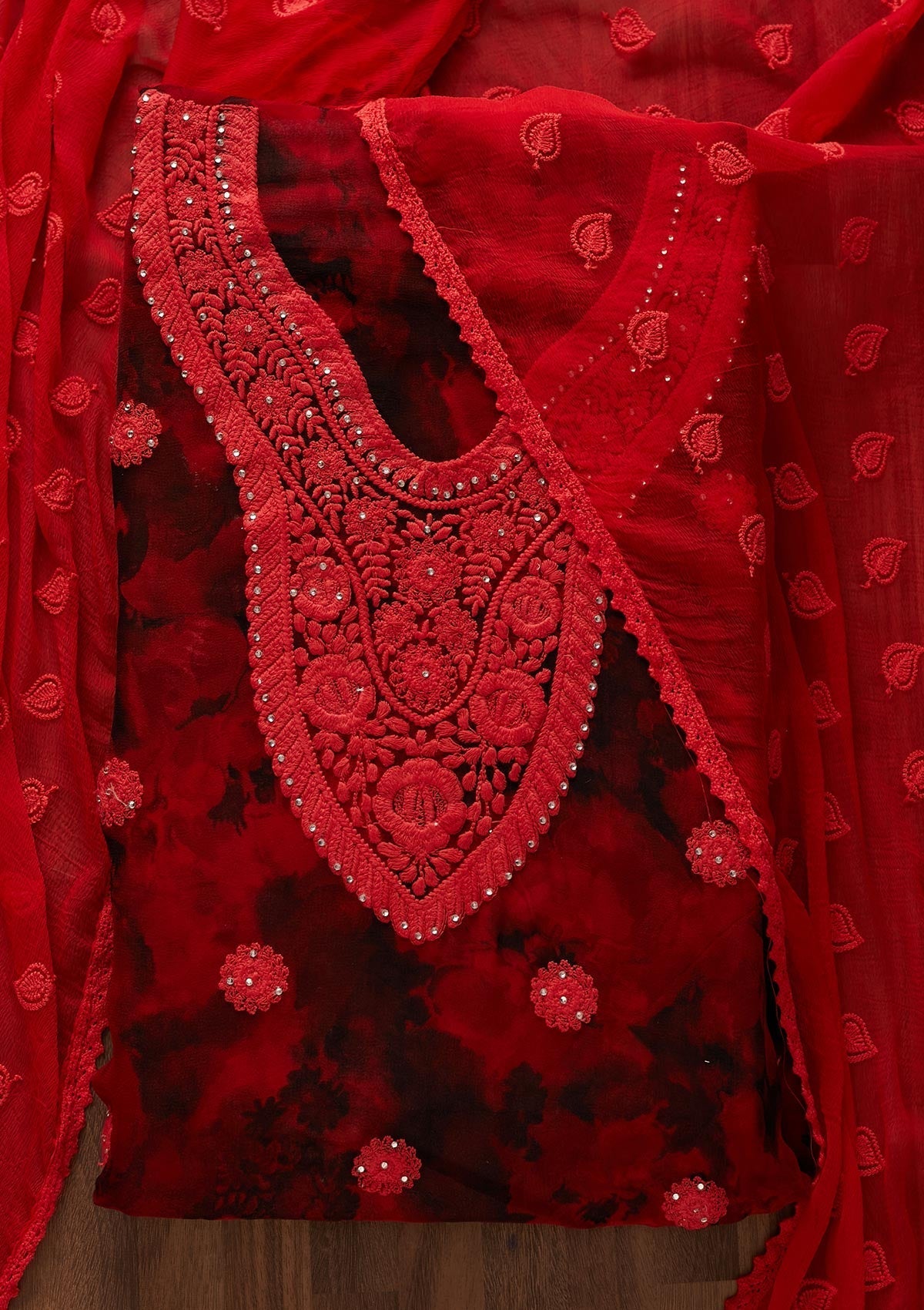 Red Chikankari Chiffon Designer Unstitched Salwar Suit - Koskii