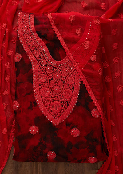 Red Chikankari Chiffon Designer Unstitched Salwar Suit - Koskii