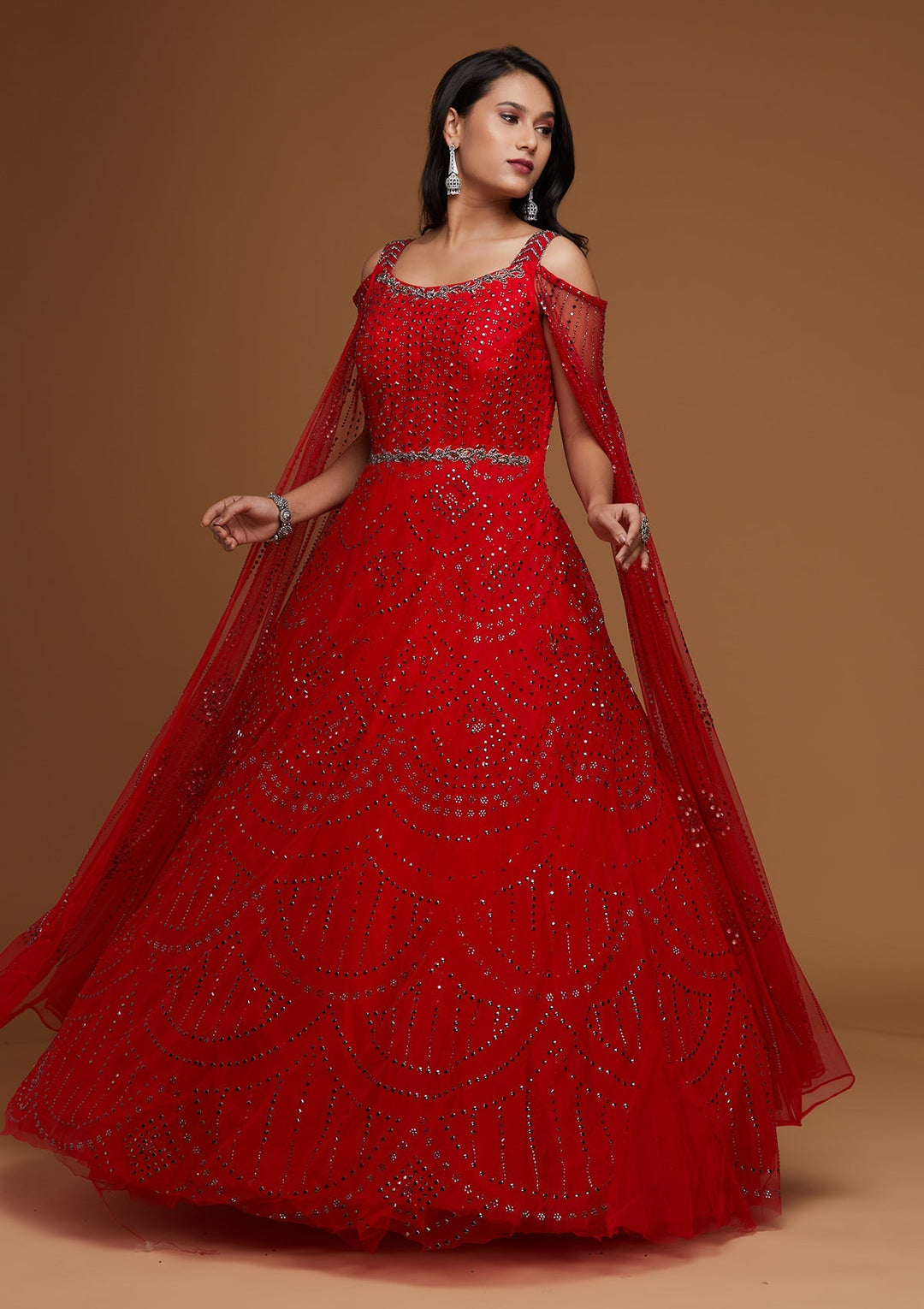 Red Cutdana Net Designer Gown - Koskii