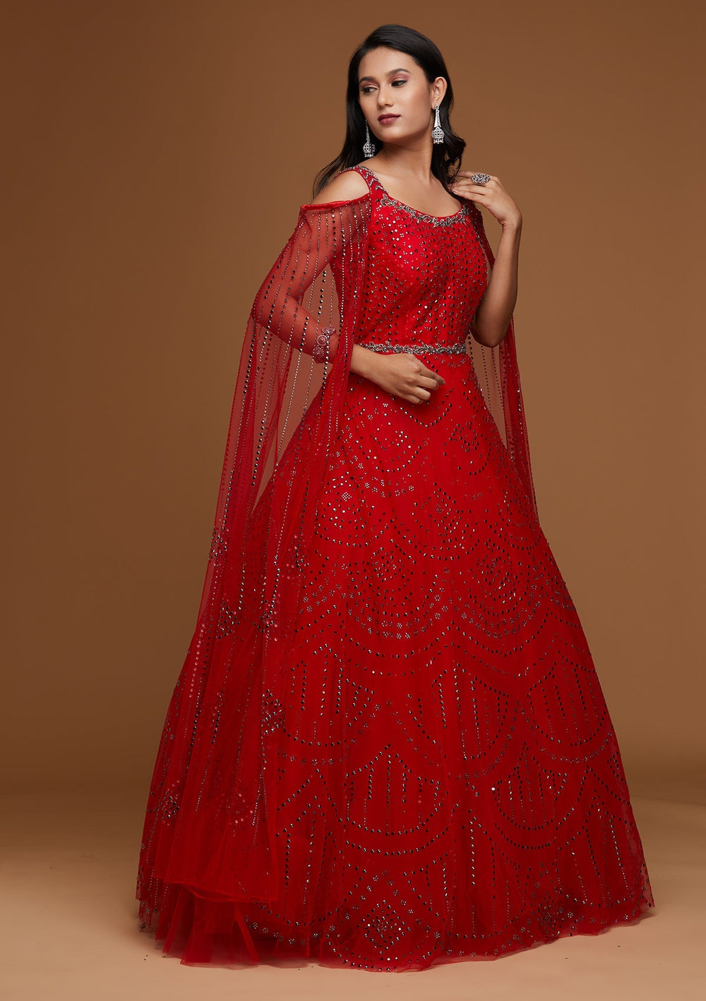 Red Cutdana Net Designer Gown - Koskii