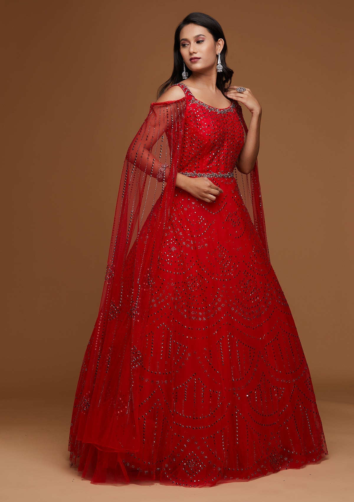 Red Cutdana Net Designer Gown - Koskii
