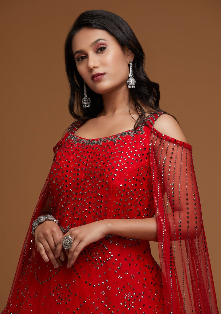 Red Cutdana Net Designer Gown - Koskii