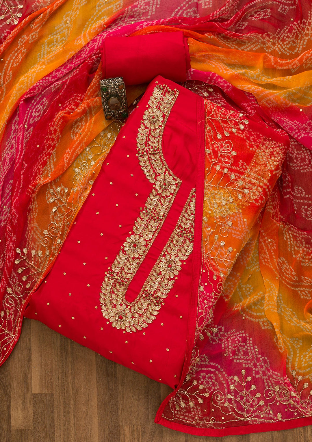 Red Cutdana Semi Crepe Unstitched Salwar Kameez-Koskii