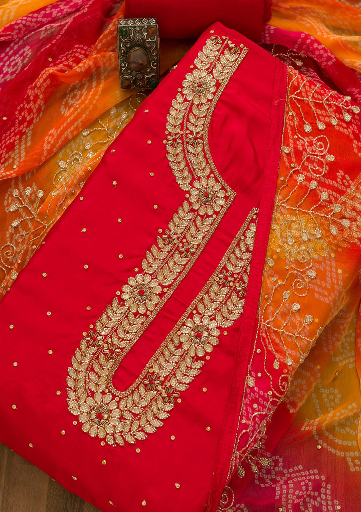 Red Cutdana Semi Crepe Unstitched Salwar Kameez-Koskii