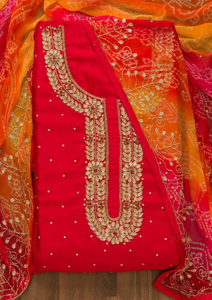 Red Cutdana Semi Crepe Unstitched Salwar Kameez-Koskii