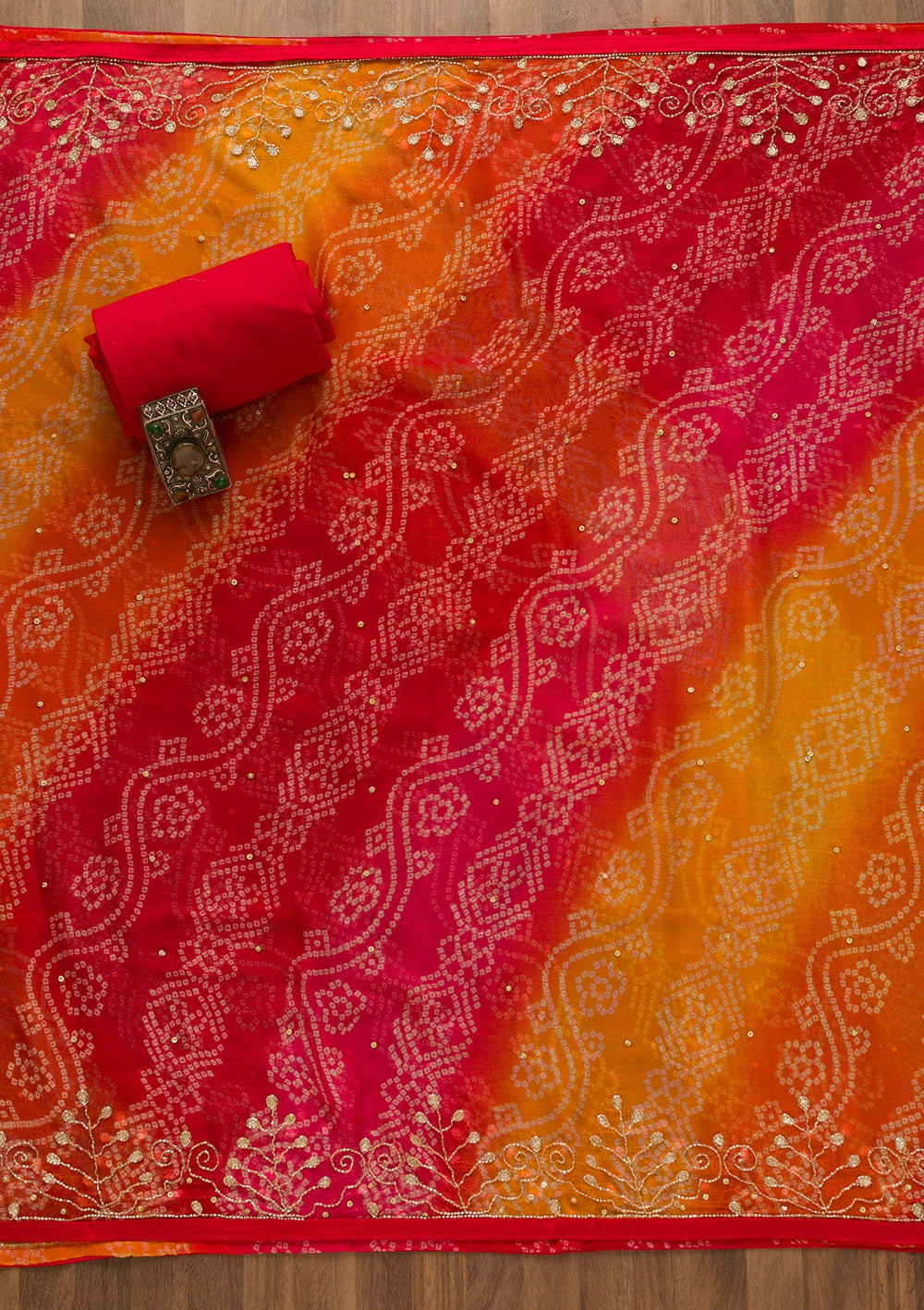 Red Cutdana Semi Crepe Unstitched Salwar Kameez-Koskii